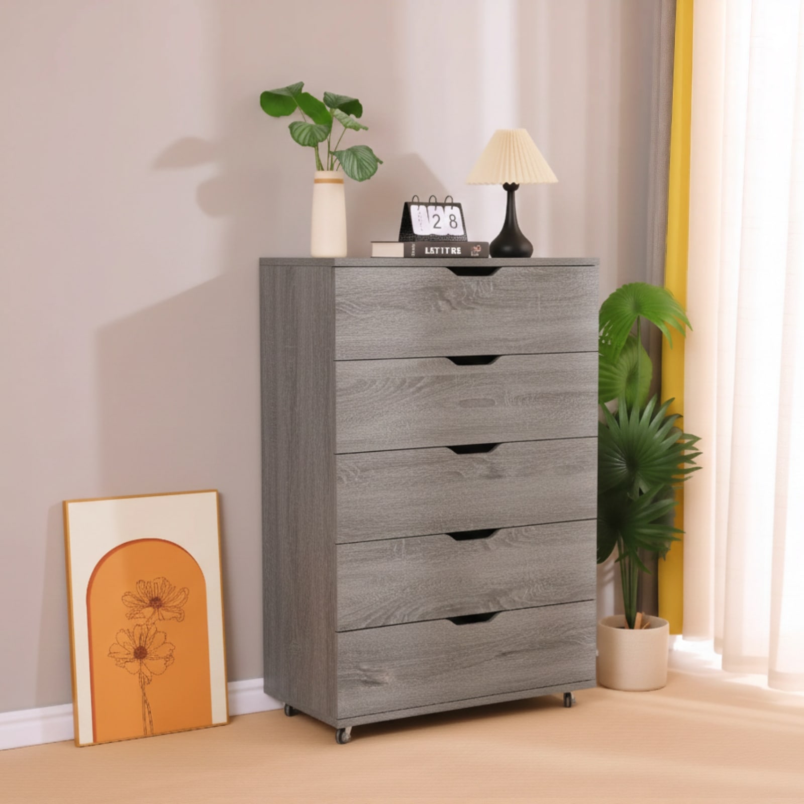 5 Drawer Storage Cabinet with Wheels Tall Dresser Modern Design Movable