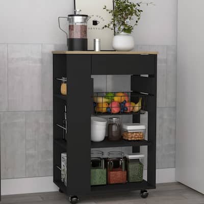 Mobile Kitchen Cart with 5 Shelves, 1 Drawer, 2 Open Shelves, and Caster Wheels, Black Wengue & Light Oak