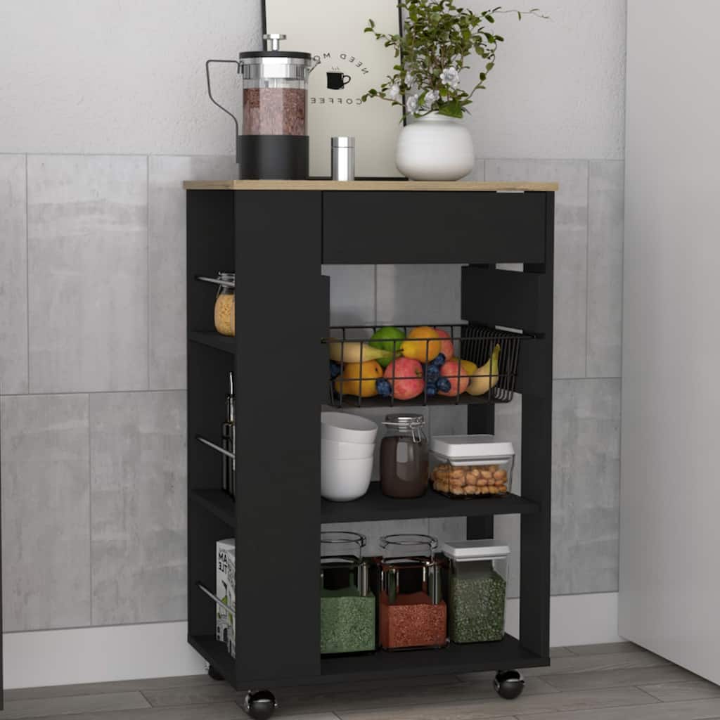 Mobile Kitchen Cart with 5 Shelves, 1 Drawer, 2 Open Shelves, and Caster Wheels, Black Wengue & Light Oak