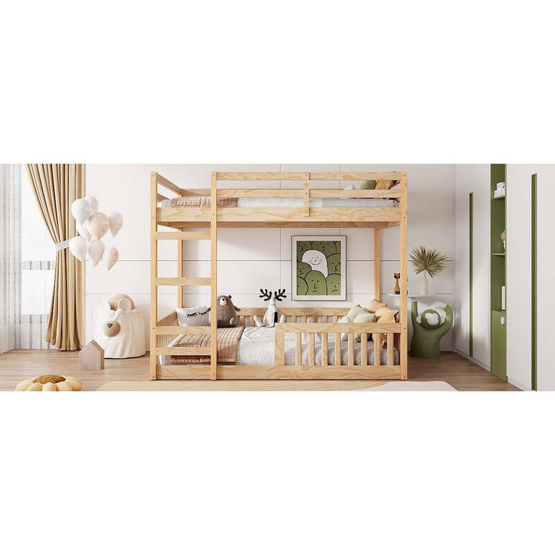 Roomfitters Full Over Full Wood Bunk Bed with Ladder and Guardrails, Solid Pine