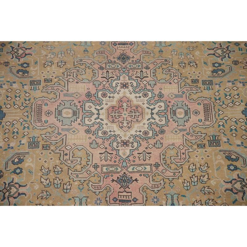 Hand Knotted Oriental 100% Wool Carpet Traditional Medallion Yellow & Gold Tabriz Area Rug - 9' 8'' X 6' 10''