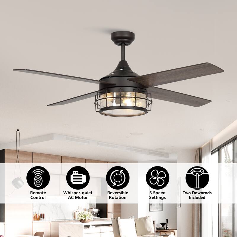 Farmhouse 4-Blade Oil Rubbed Bronze Glass Shade Ceiling Fan with Remote and Light Kit - 52-in W x 17.6-in H