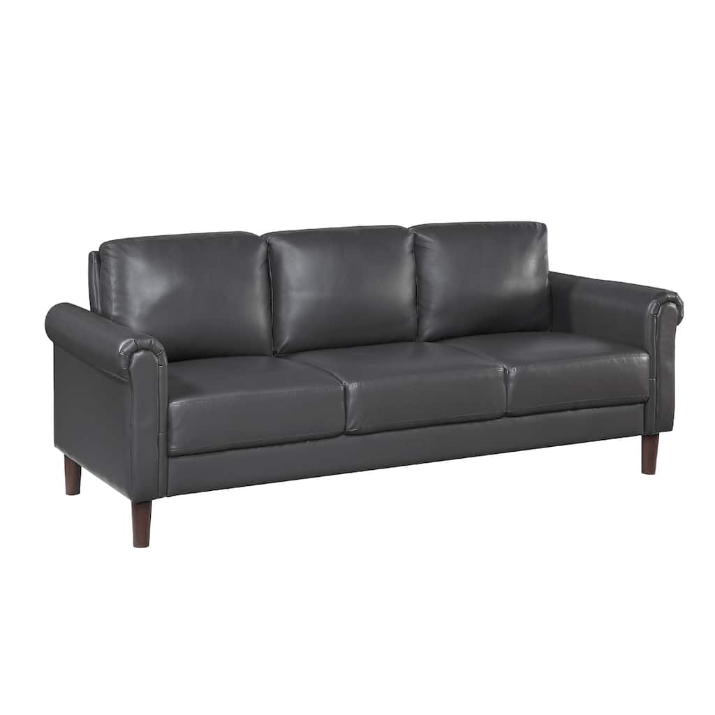 Lo Sofa w Rolled Arms, Midcentury Dark Gray Faux Leather 79 Inch