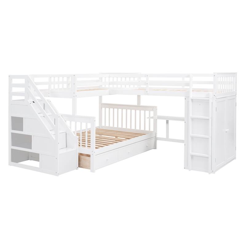 L-Shaped Bunk Bed with Storage Stairs, Fold Desk, Wardrobe, Twin - Twin Over Full Bed with Pull-out Underneath Storage Drawers