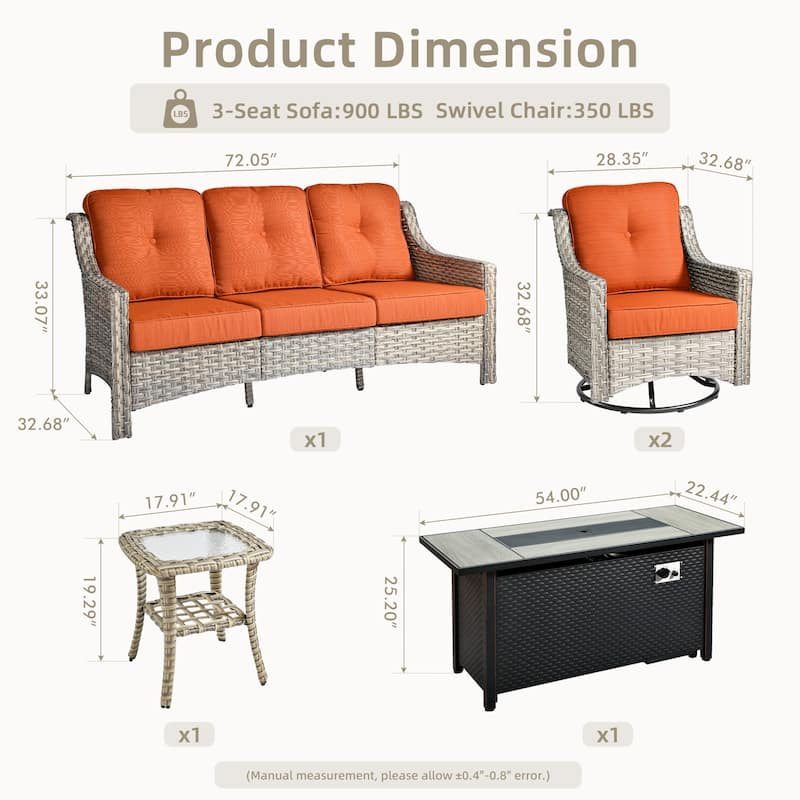 OVIOS 5 Pieces Outdoor Wicker Set with 54" Fire Table