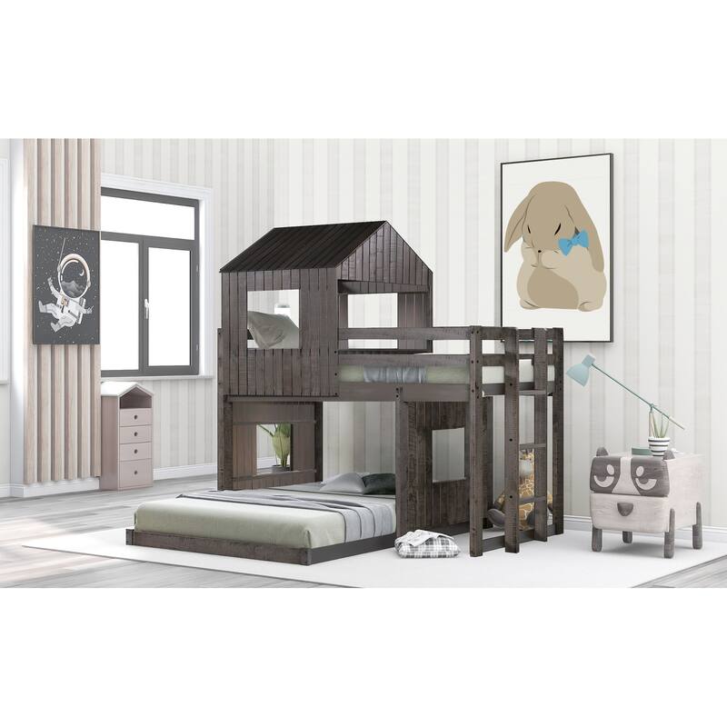 L-Shaped Bunk Bed Playhouse Wooden Twin Over Full House Bed, Loft Bed with Ladder and Guardrails for Bedroom Kids Play & Sleep - Antique Gray - Full