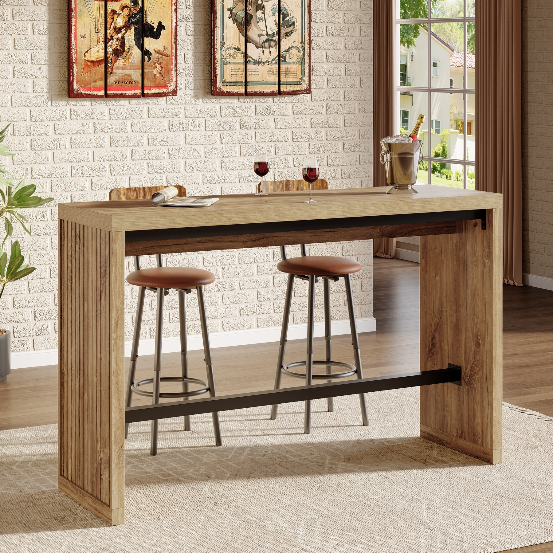 55 Inch Long Bar Table, Dinner Table with Metal Footrest for Pub, Kitchen