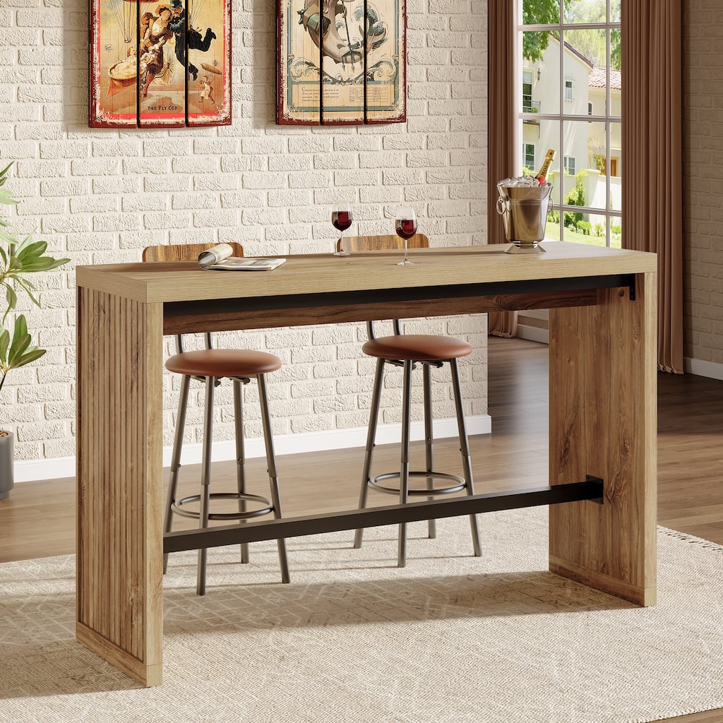 55 Inch Bar Table, Wooden Counter Height Table with Metal Footrest - 55.11" W x 15.59" D x 37.40" H