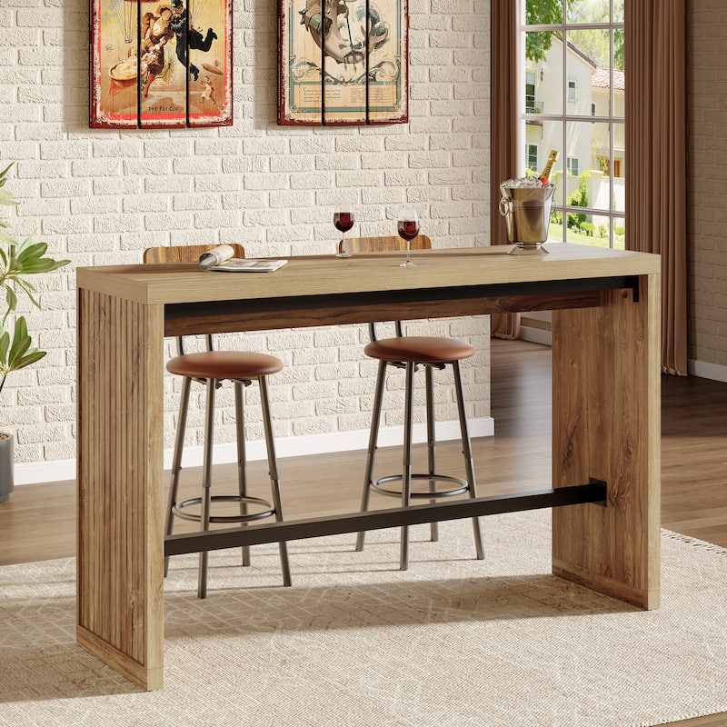 55 Inch Bar Table, Wooden Counter Height Table with Metal Footrest - 55.11" W x 15.59" D x 37.40" H - Rustic Brown