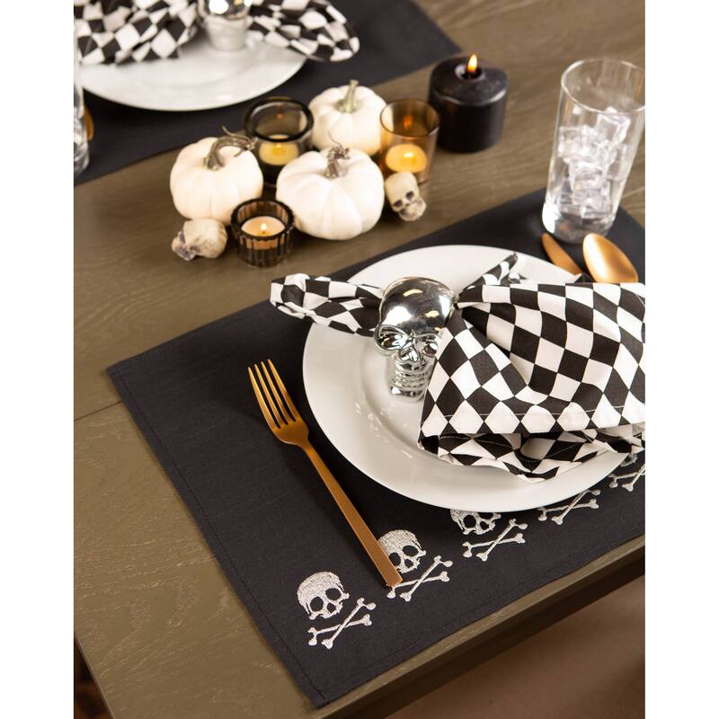 Embroidered Skulls Halloween Cotton Placemats - 19" - Black - Set of 4