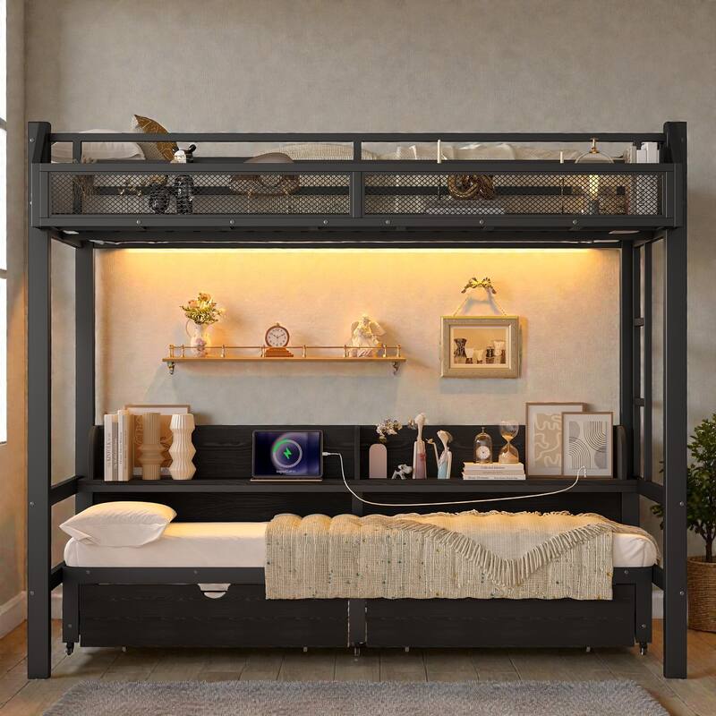 Metal Bunk Bed with Storage Shelves, Drawers, USB Ports, LED Lights & Convertible Lower Bed Sofa Design