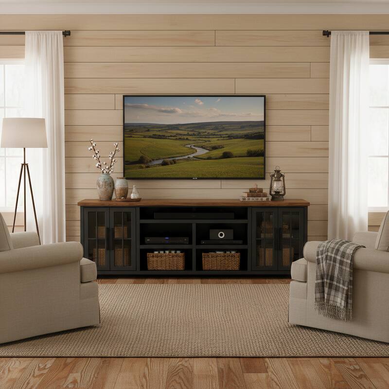 Bridgevine Home Modern Farmhouse 96 inch TV Stand Console for TVs up to 100 inches, No Assembly Requried, Two-Tone Finish