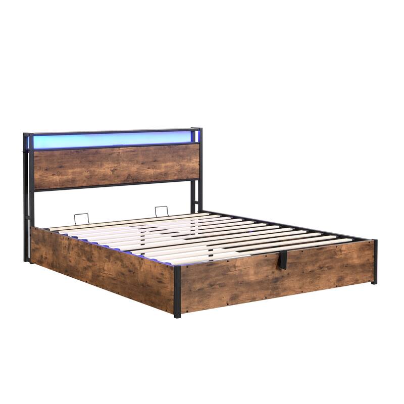 Rustic Brown Full Size Wooden Platform Bed with Bookcase Headboard, Charging & LED Lights