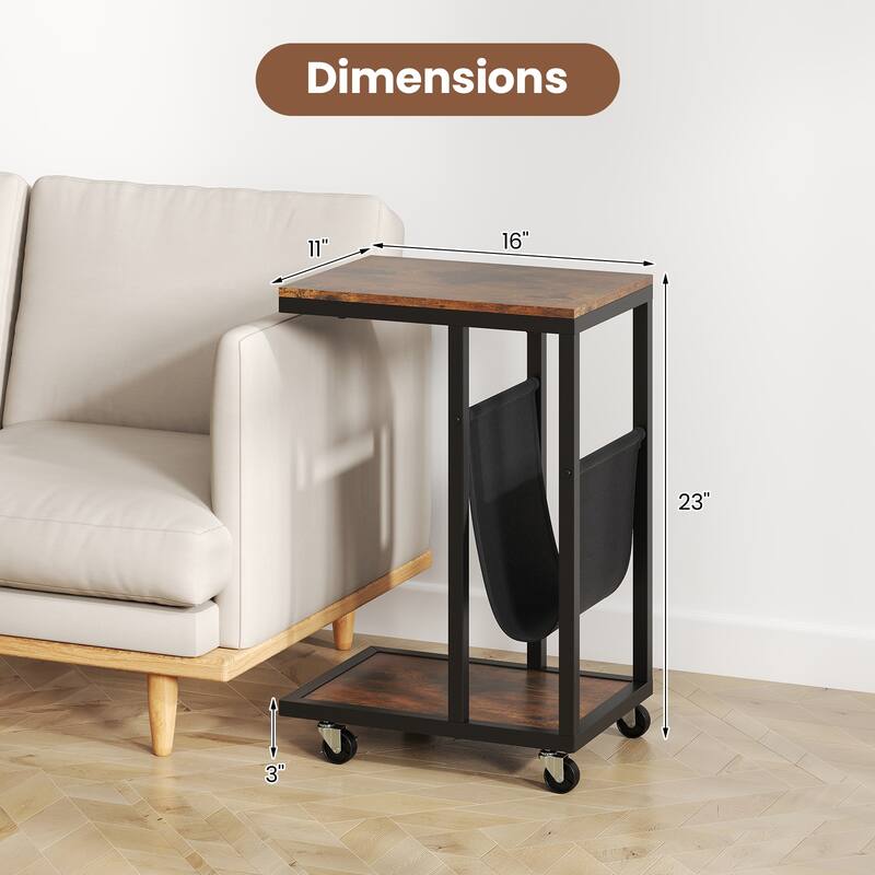 Rustic Brown C Shaped End Table with Wheels and Storage Pouch Metal Frame for Small Rooms - 16" x 11" x 23"