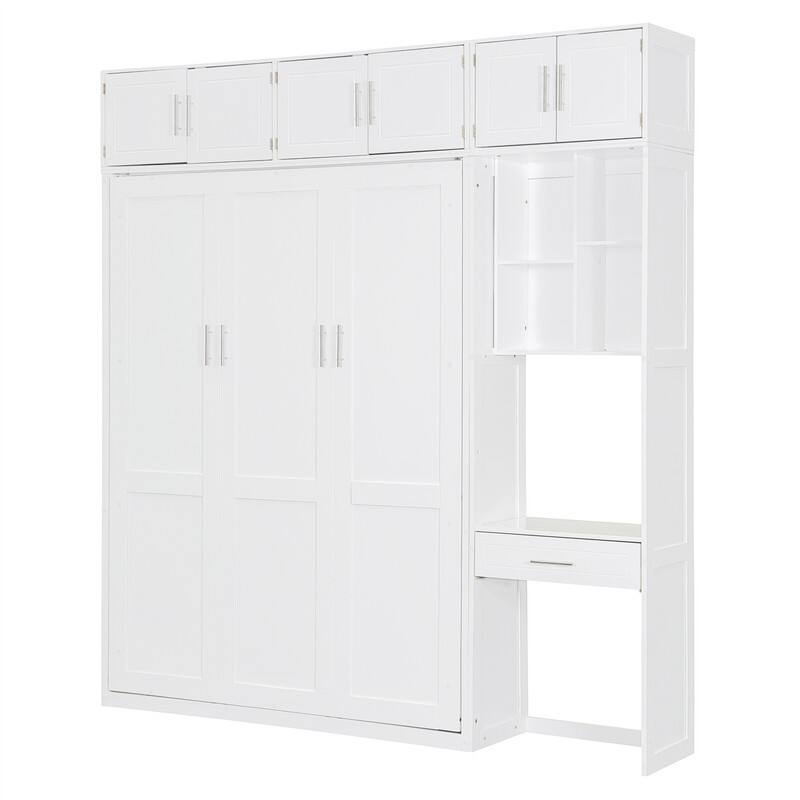 Full/Queen Size Murphy Bed Wall Bed with Desk & Top Cabinet, Folding Murphy Cabinet Bed w/ Storage Shelves, Space Saving Design