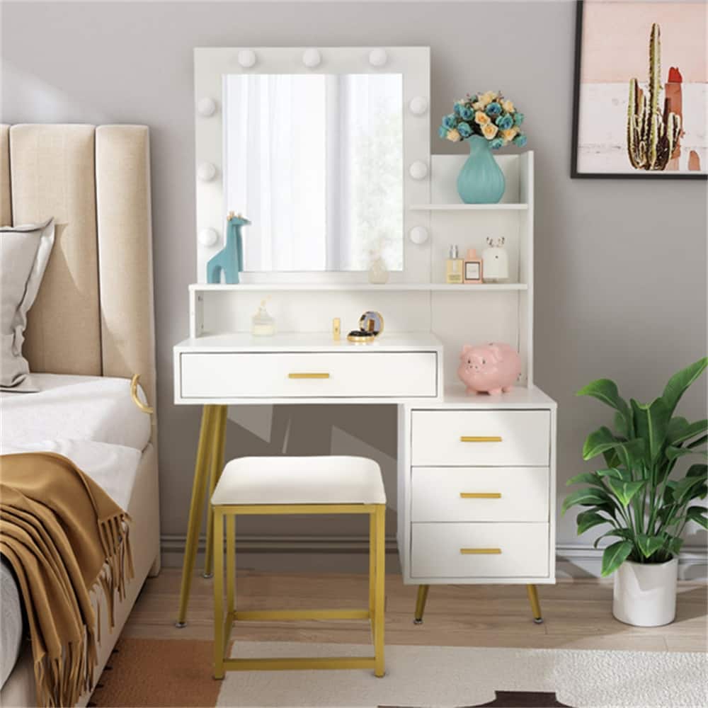 Vanity Set with LED Bulbs and Cushioned Stool