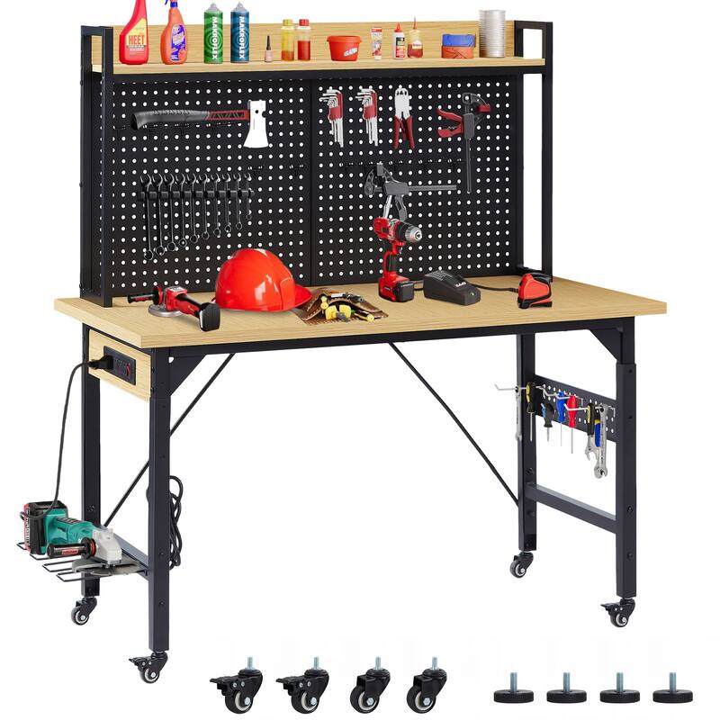 48''Adjustable Workbench with pegboard,Heavy Duty Wooden Desktop Workbench with Wheels,1600 lb.Load Capacity,with AC/USB Outlet - Yellow+Black