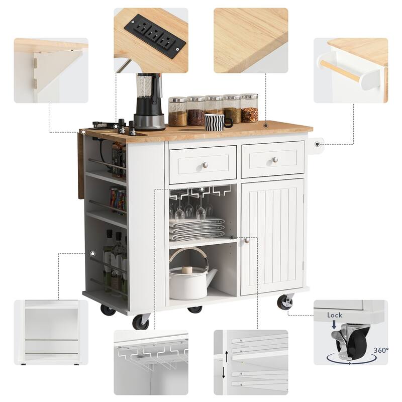 Open Rolling Kitchen Island on Wheels with Drop Leaf and Power Outlet