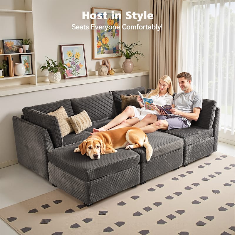 HOOOWOOO Modular U-shaped Corduroy Fabric Sectional Sofa Couch with Ottoman