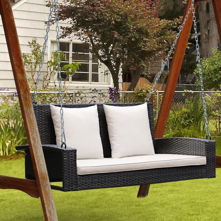 2-Person Wicker Hanging Porch Swing with 2 Back Cushions and 1 Seat Cushion - 50" x 22" x 20.5" (L x W x H)