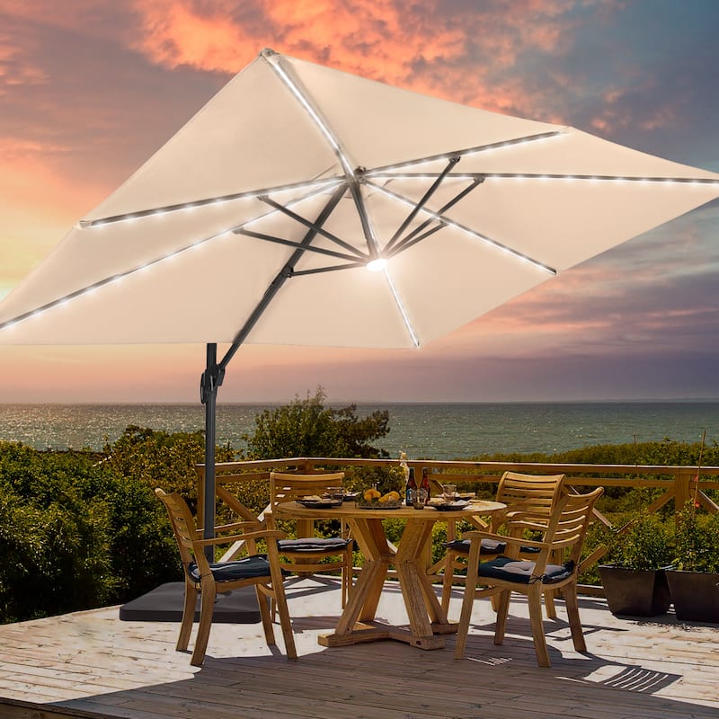 BONOSUKI 11.5x9FT LED Cantilever Patio Umbrella 360 Rotation w/Base - Beige