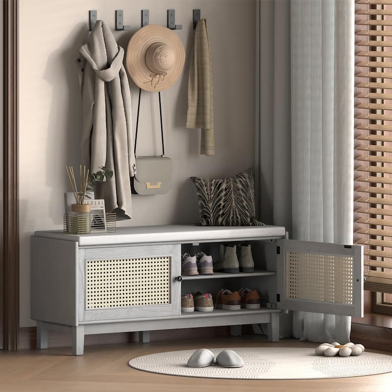 Boho Rattan Shoe Storage with Washable Cushion & Adjustable Shelves by Harper&Bright Designs - Beige&Gray Wash