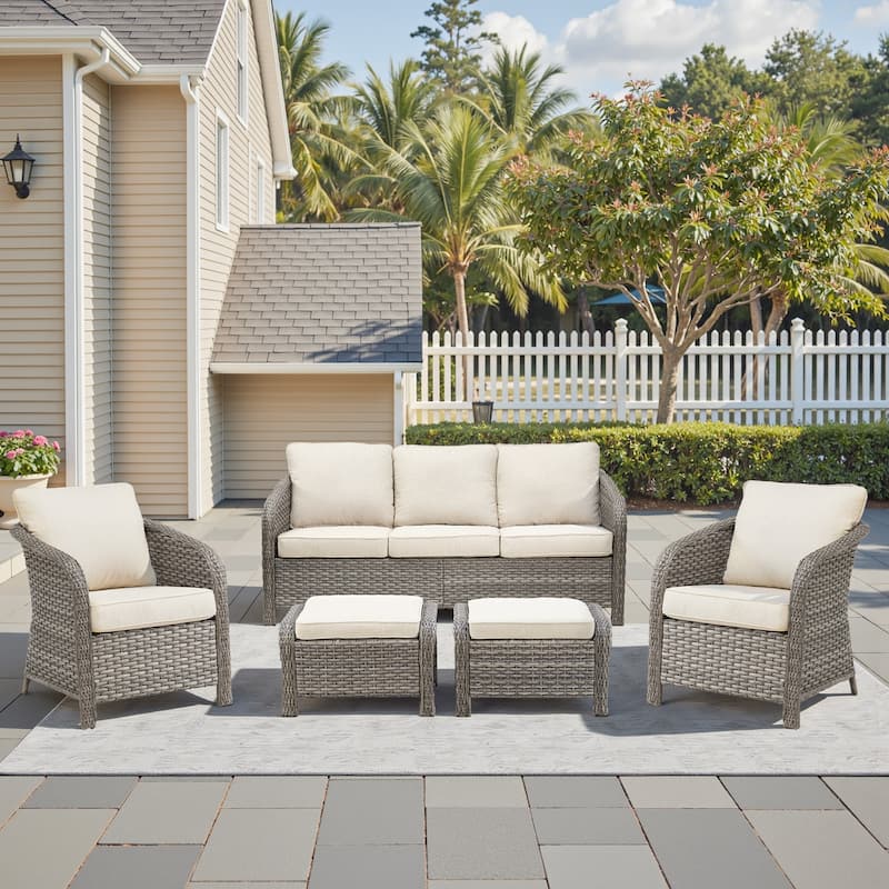 Pocassy Outdoor Patio Wicker Sofa Chair Furniture Set - Light Grey Wicker Beige Cushion - 5 Pieces Sofa Patio Chair with Ottoman
