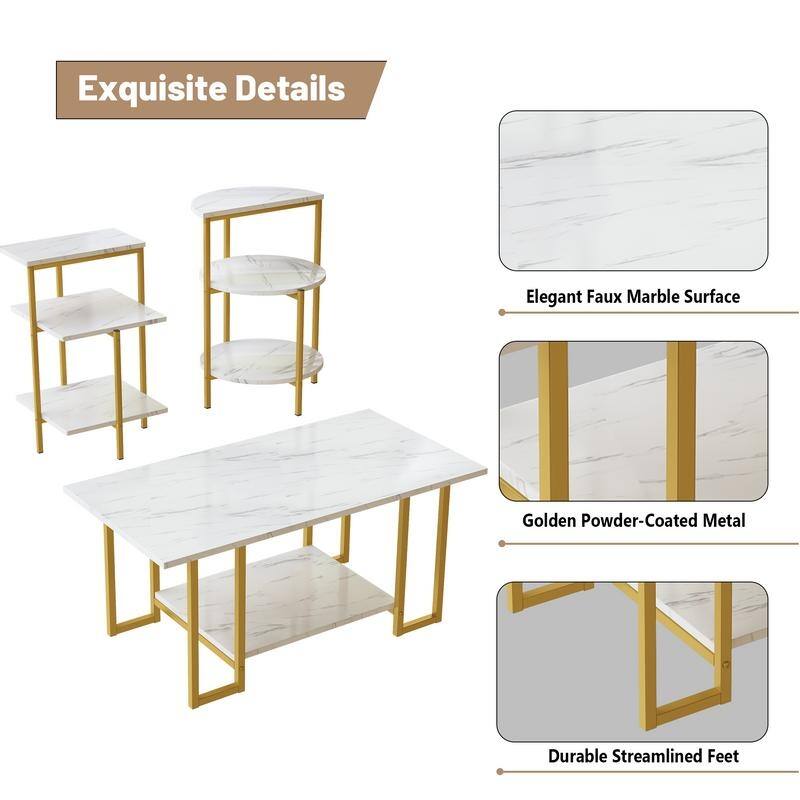 3 Pieces Faux Marble Coffee Table Set with 1 Coffee Table and 2 End Tables, Modern Sofa Side Table with Shelf, Cocktail Table
