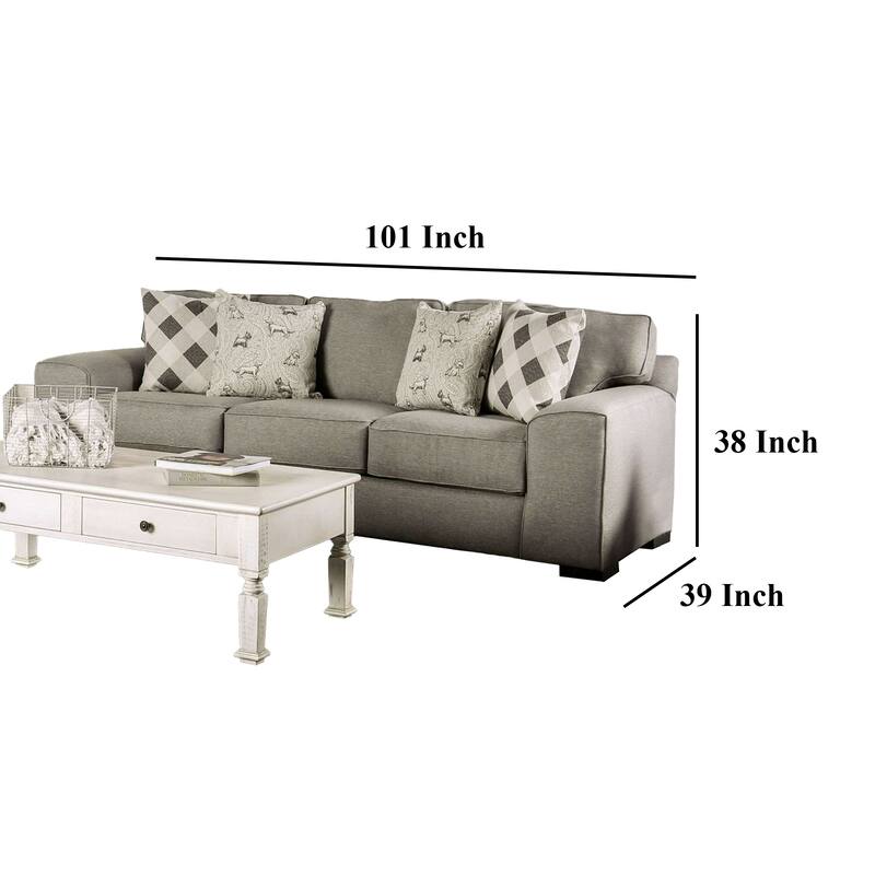 Edison Sofa, Gray Fabric, 4 Accent Throw Pillows, Track Arms, 101 Inch