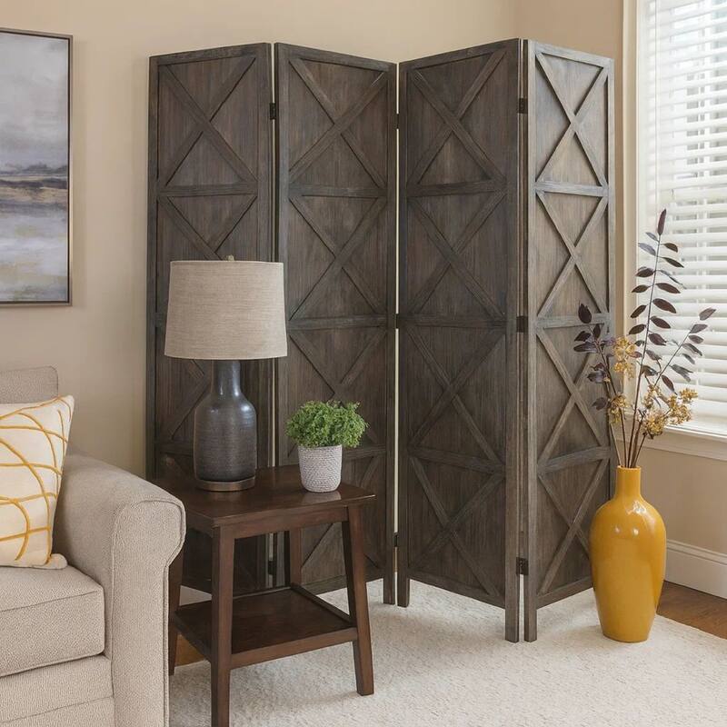 79 Inch Wood 4 Panel Screen Room Divider, Crossed Accents, Brown