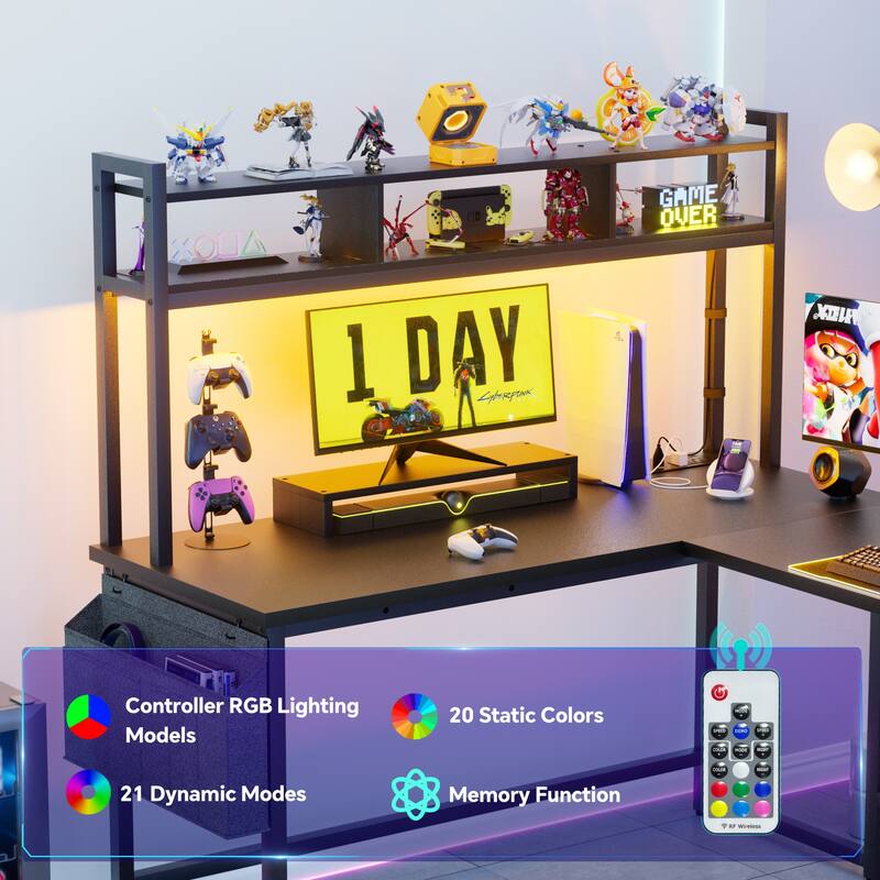 Reversible L-Shaped Desk with Storage Shelves and Hutch, Corner Desk with Charging Station and RGB LED Lights
