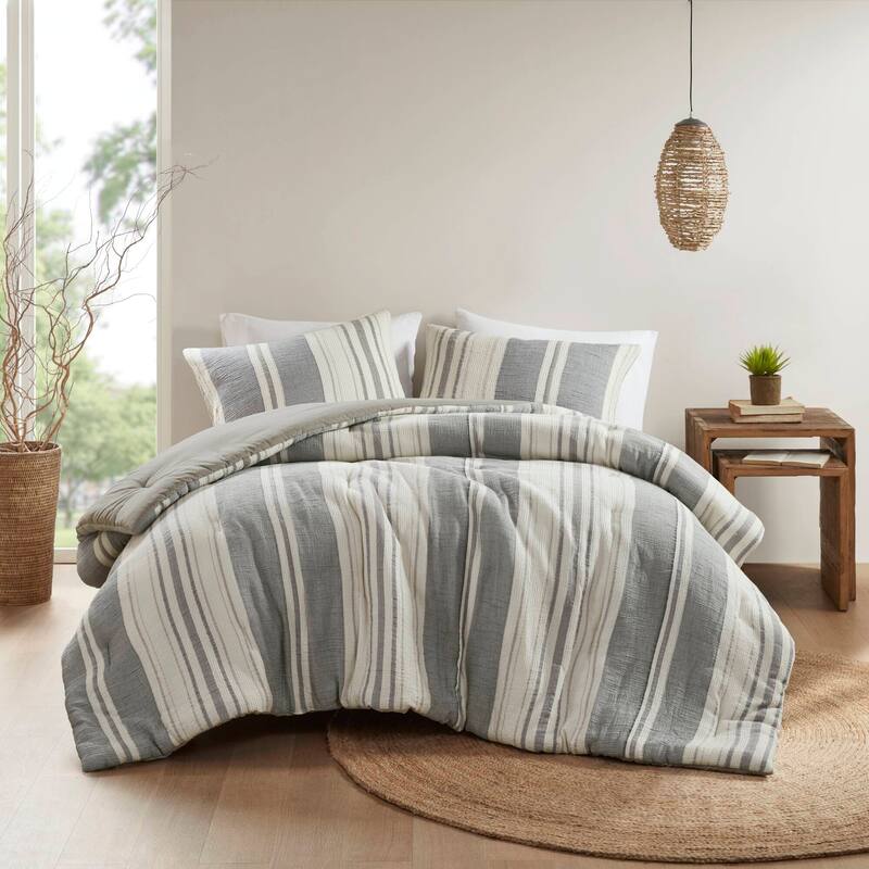 GDF Studio - Amara Textured Cotton Comforter 3-Piece Set with Waffle and Gauze Weave - Grey (Full/Queen)