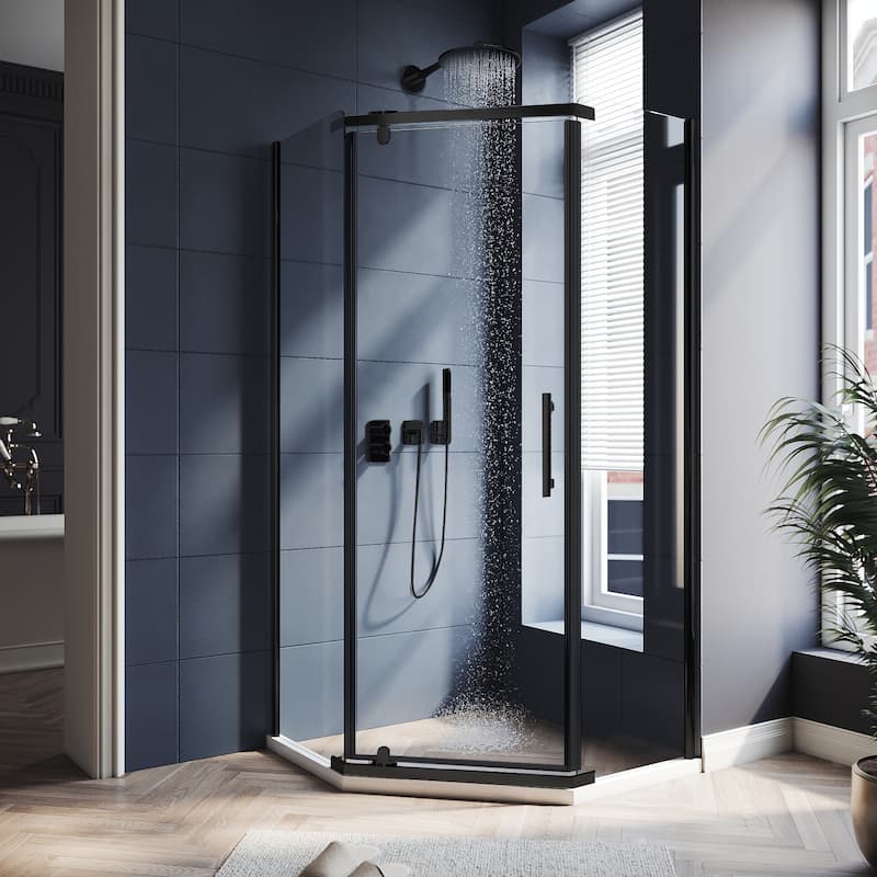 Elegant Neo-angle Frameless Sliding Shower Enclosure 36.5" W x 36.5" D x 72" H with 1/4" Clear Tempered Glass Door - Matte Black