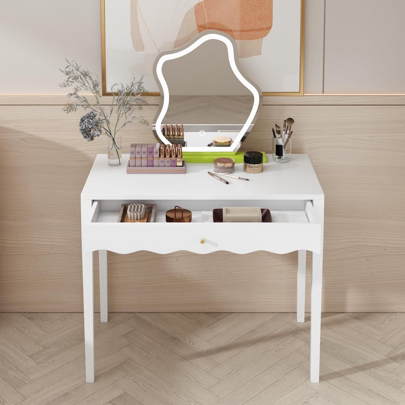 35.43"Vanity Desk with Drawer - Modern Makeup Table with Scalloped Front & Gold Knob, Compact Writing Desk with 4 Sturdy Legs