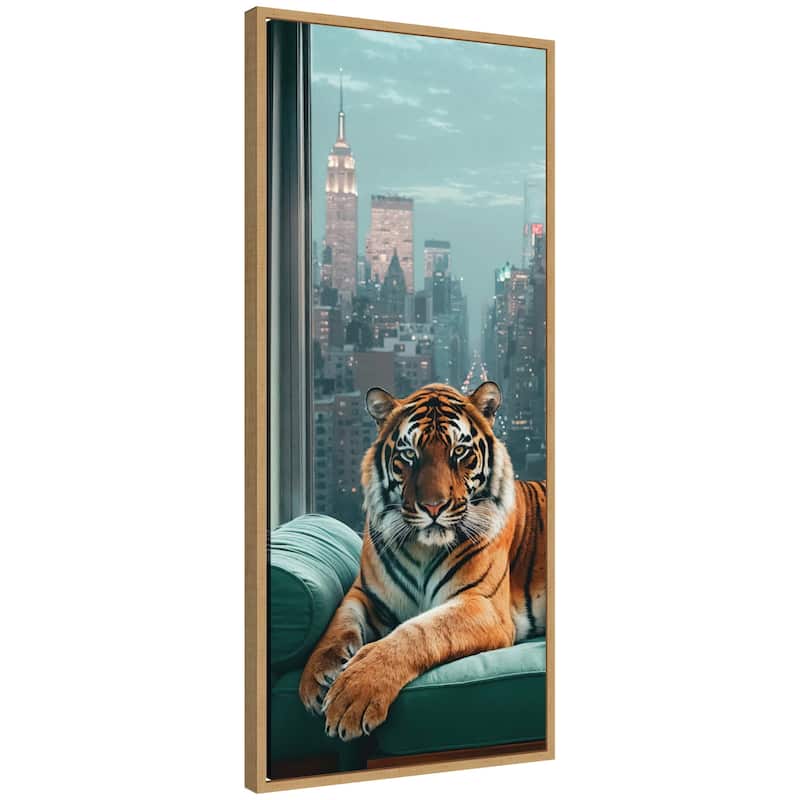 Kate and Laurel Sylvie Graceful Tiger in New York Framed Canvas by Michael Schauer - 18x40 - Natural