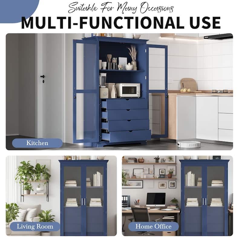 44.7" Kitchen Pantry Cabinet with Glass Doors - Storage Cabinet with 4 Built-In Drawers - Display Cabinet for Living Room