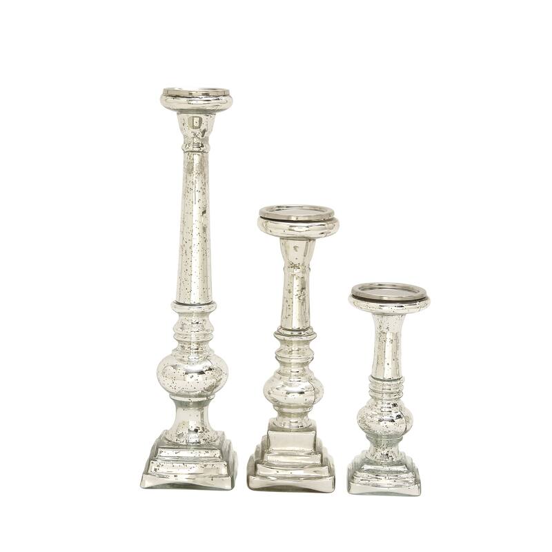 Silver Glass Handmade Turned Style Pillar Candle Holder (Set of 3)