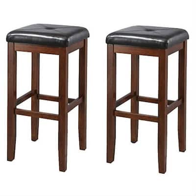 Set of 2 Vintage Mahogany Stools with Black Upholstered Seat - 15 x 15 x 29 inches
