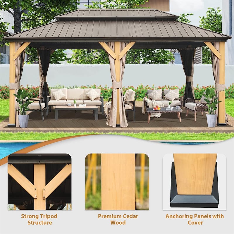 12'x20' Hardtop Gazebo,Outdoor Permanent Metal Pavilion with Curtains and Netting for Patio, Backyard and Lawn(Brown)