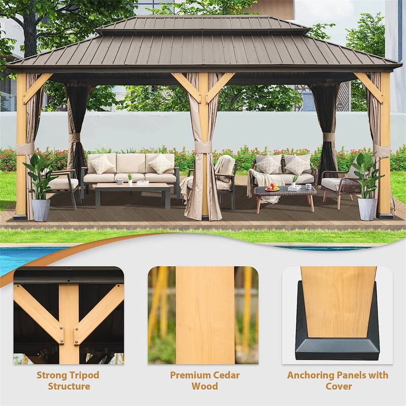 GDFStudio - Harper Outdoor Gazebo with Cedar Wood Frame and Galvanized Steel Double Roof