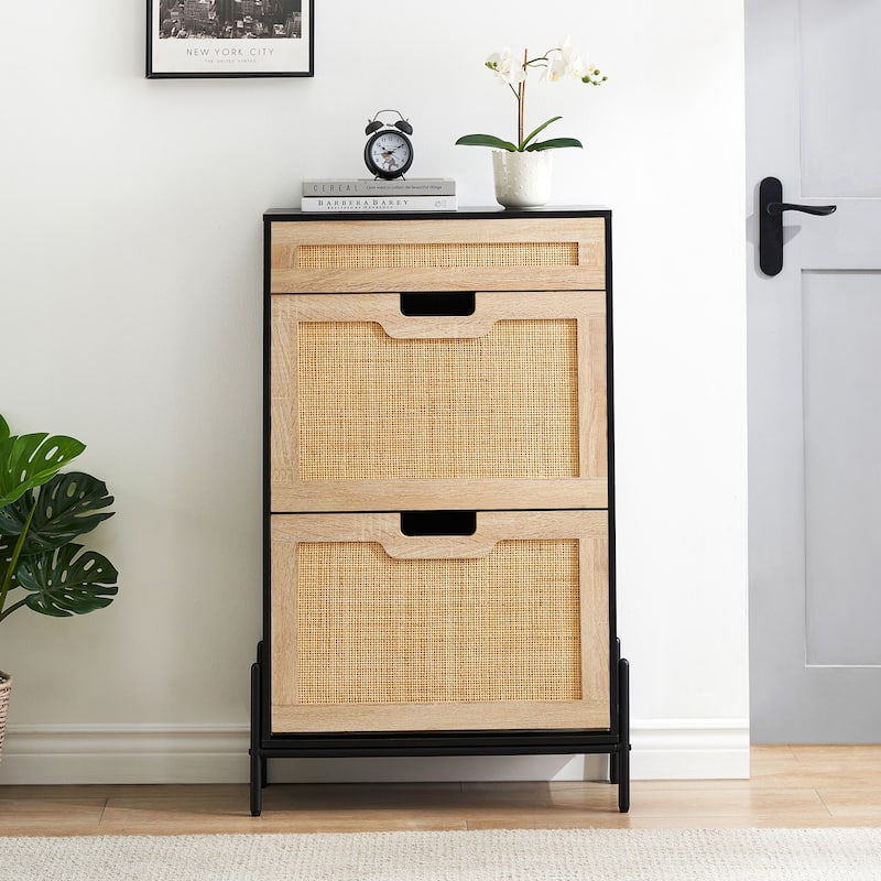 Natural Rattan 2 Flip Door Shoe Rack with 1 Drawer Storage Organizer for Entrance/ Hallway - 9.4"D x 24"W x 40.3"H