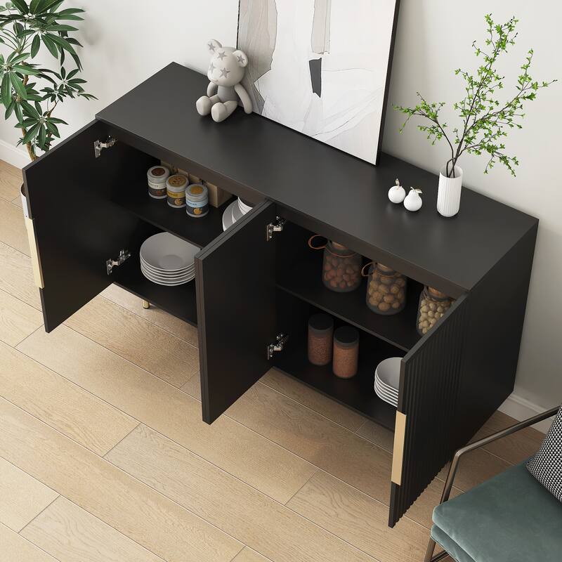 Anmytek Black Fluted Modern Buffet Cabinet Large Storage Sideboard with Adjustable Shelves Accent Console Table