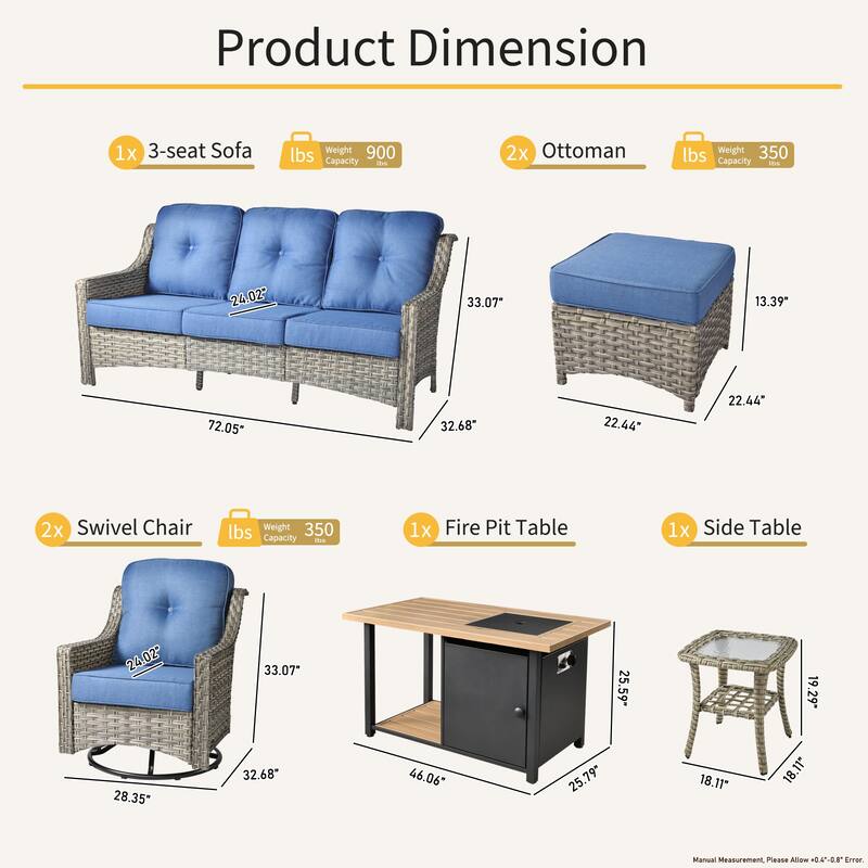 OVIOS 7 Pieces Outdoor Wicker Curved Swivel Chair Set With Fire Table