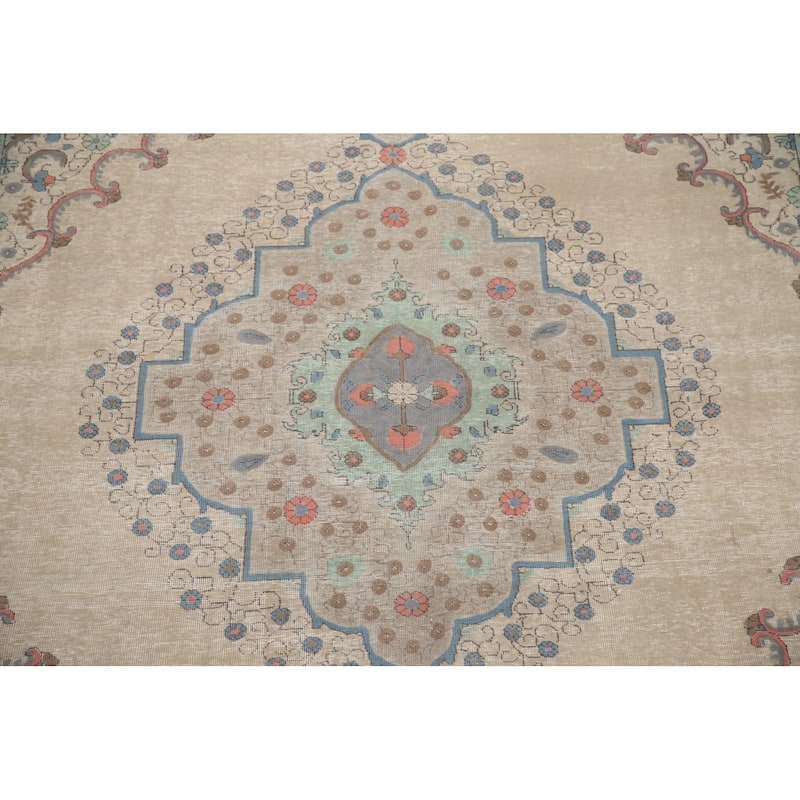 Hand Knotted Oriental 100% Wool Carpet Traditional Medallion Beige & Ivories Tabriz Area Rug - 12' 10'' X 9' 6''