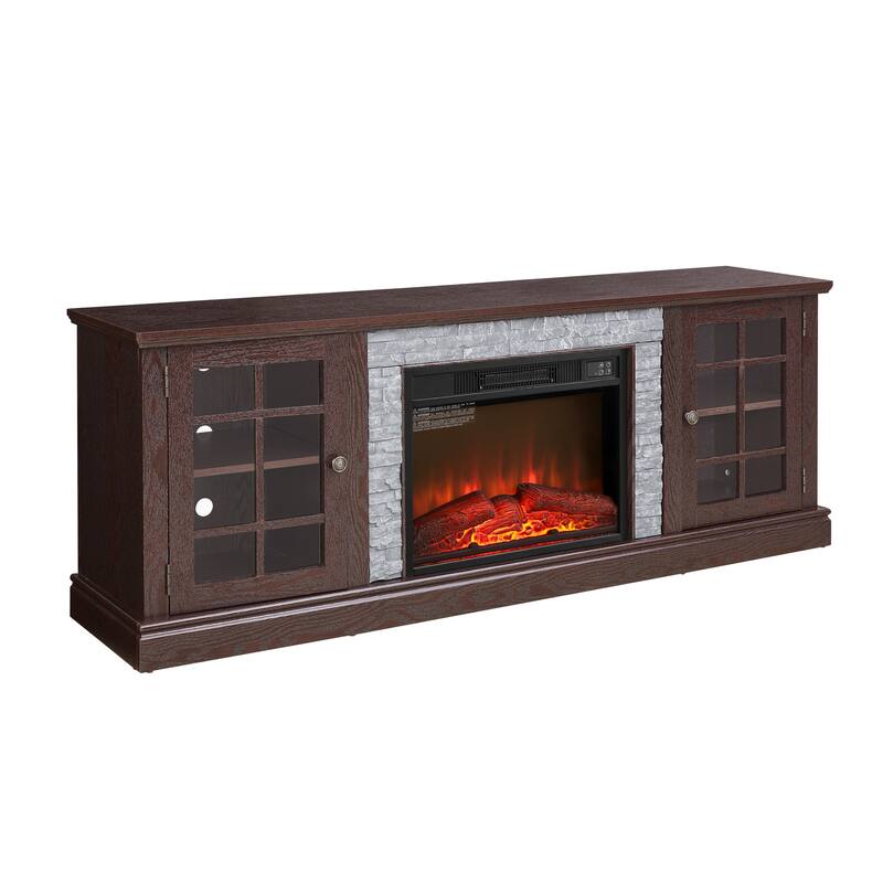 GDFStudio Thatch Wood 70" TV Stand with Faux Stacked Stone Fireplace and 2 Door Storage