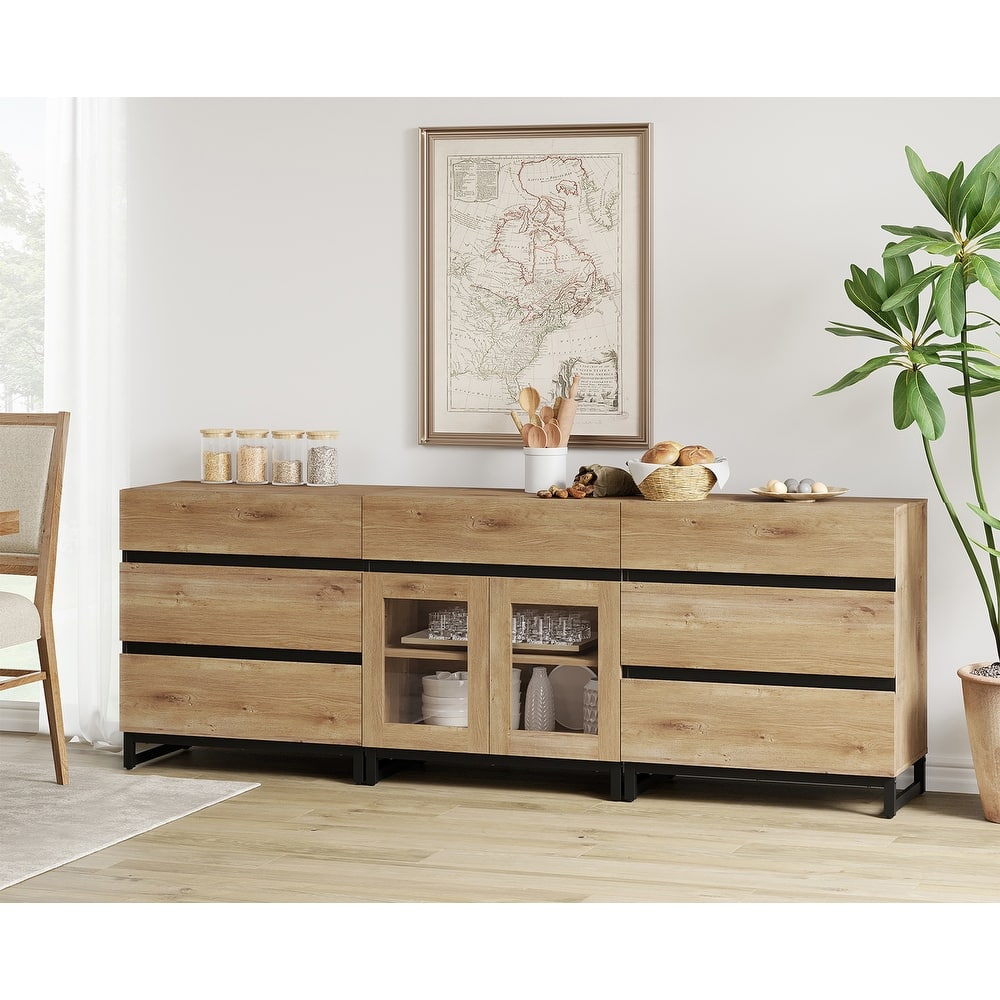 WAMPAT 3 in 1 Sideboard Buffet Cabinets with Glass Doors and 7 Drawers, Coffee Bar Cabinet Storage Cabinet for Kitchen