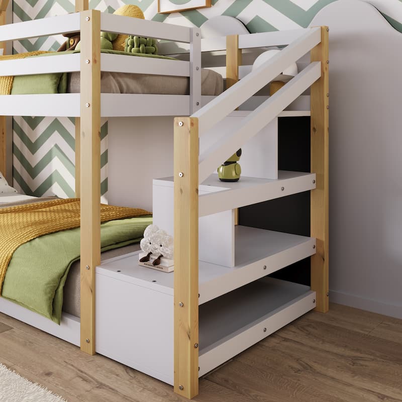 Twin over Twin House Bunk Bed with White Storage Staircase