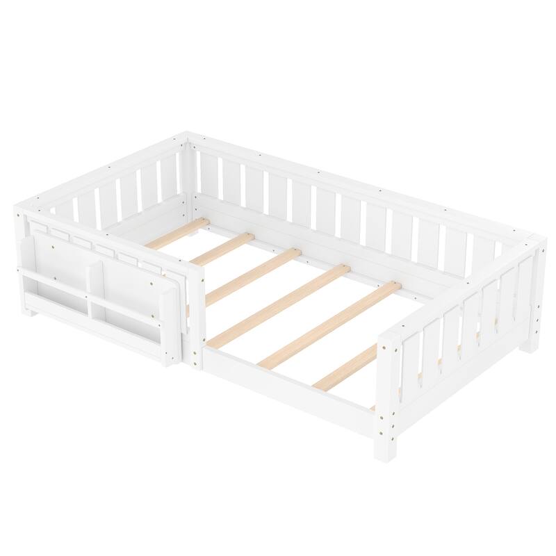 Montessori Floor Bed Low Profile Kids Bed with Rails & Bookshelf