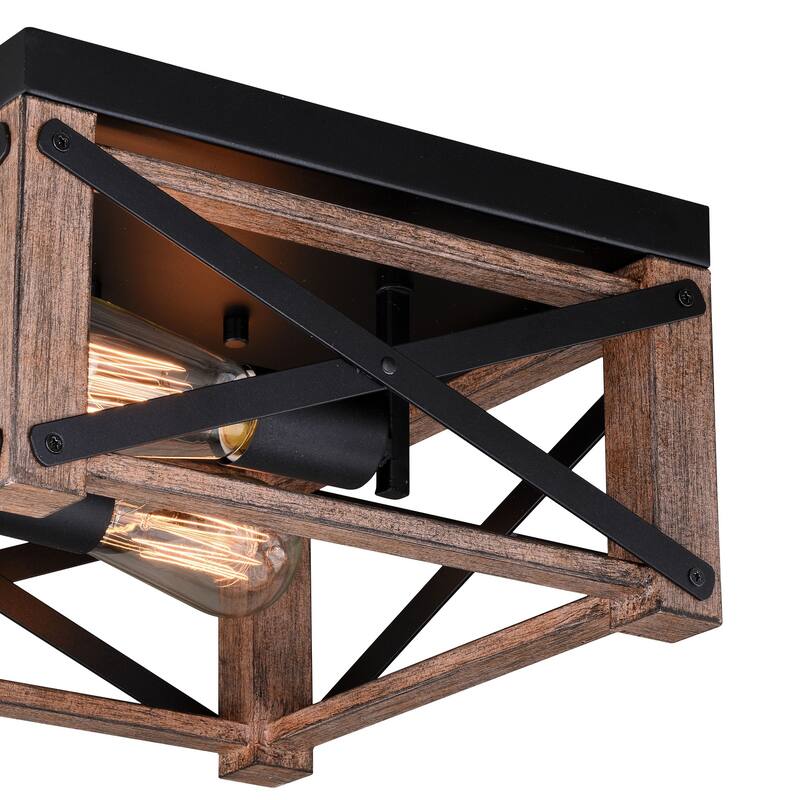 Modern Wood Cage Flush Mount Ceiling Light - 12 Inch Farmhouse Ceiling Fixture - Brown Interior Lighting - 6.5