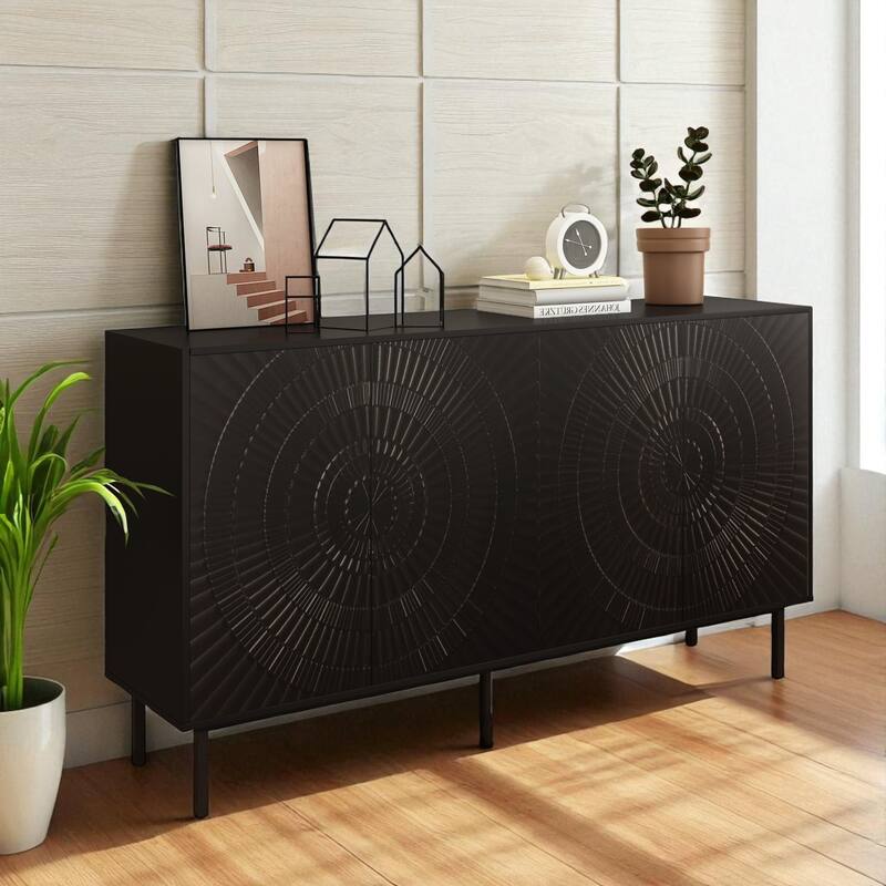 Modern Black Sideboard Buffet Cabinet with Adjustable Shelves, 4-Door Storage Accent Cabinet for Dining Room and Kitchen